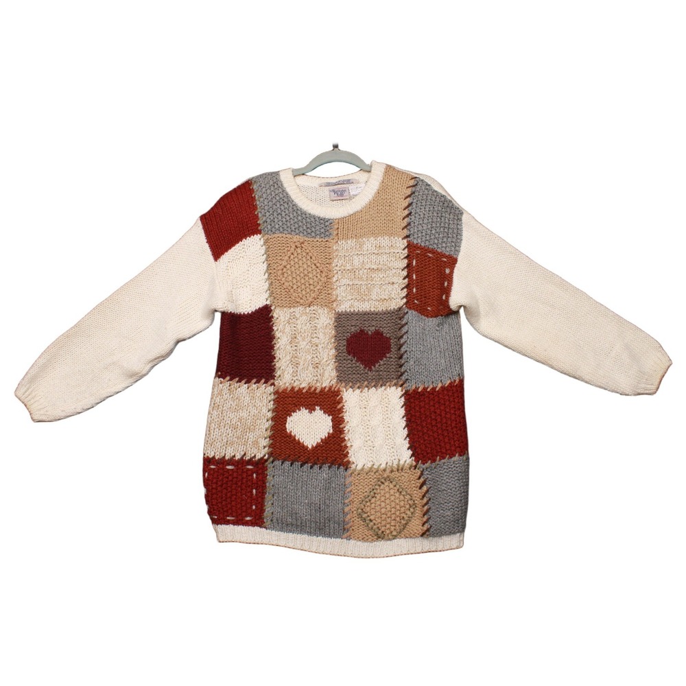 Huntington Ridge Hand Knitted Patchwork Heart Sweater Cream Red Large 815001 C3